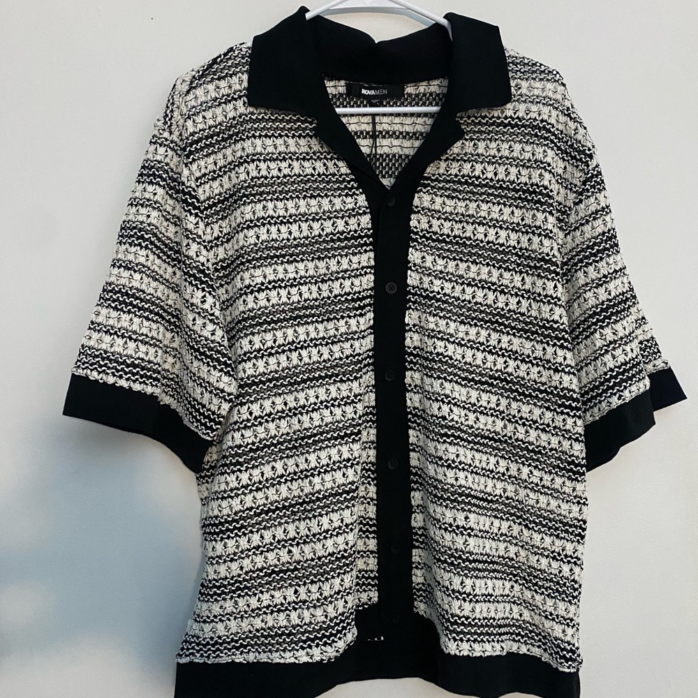 Fashion Nova Black and White Patterned Polo Shirt